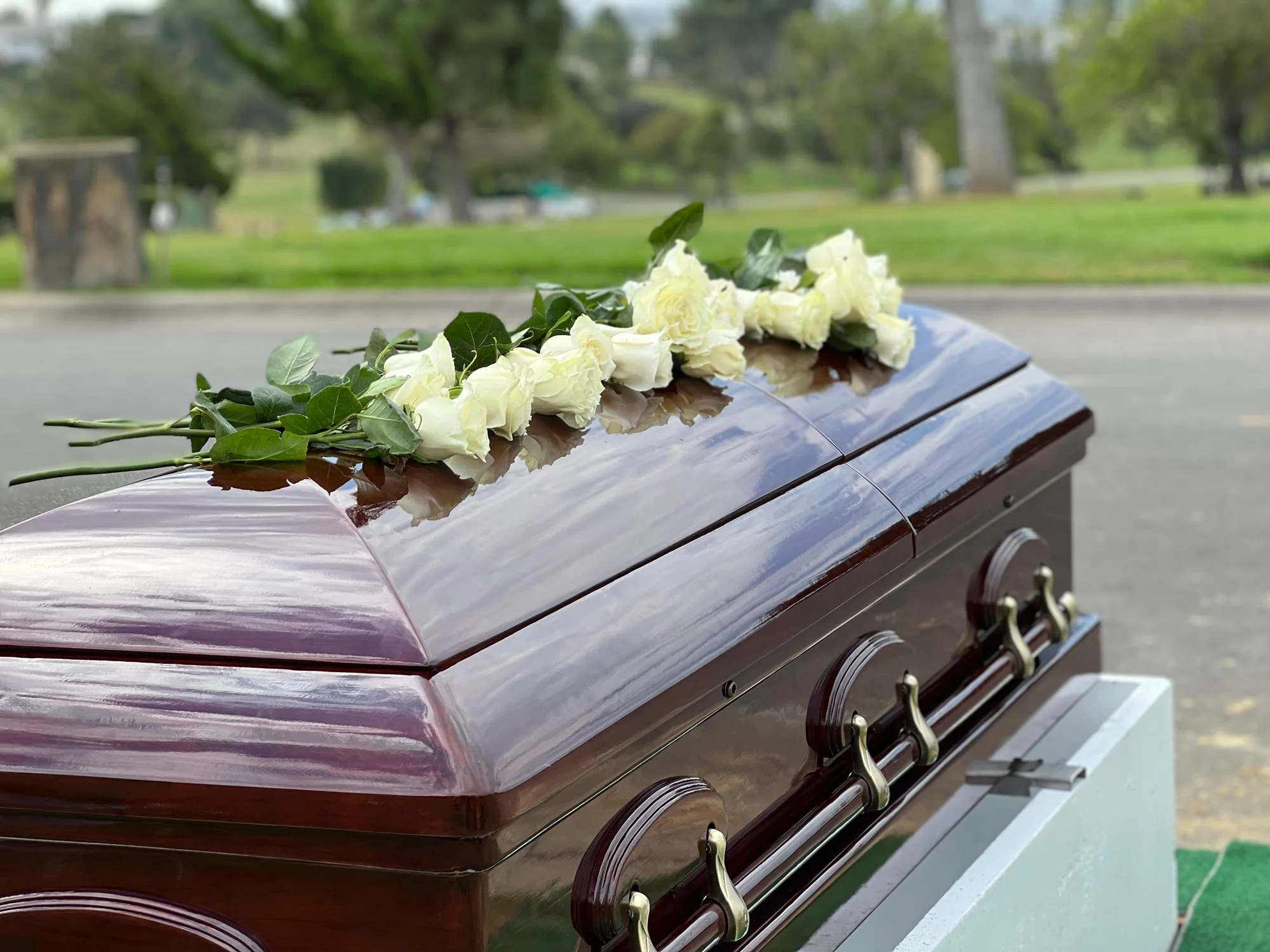white roses on a mahogany casket